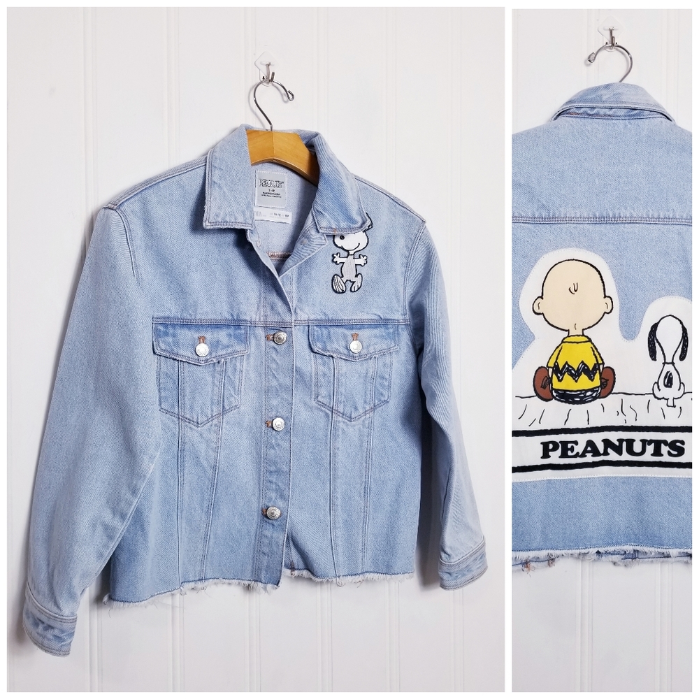 Zara Girls Peanuts Snoopy Denim Jacket Size 11-12 Raw Hem Button Front